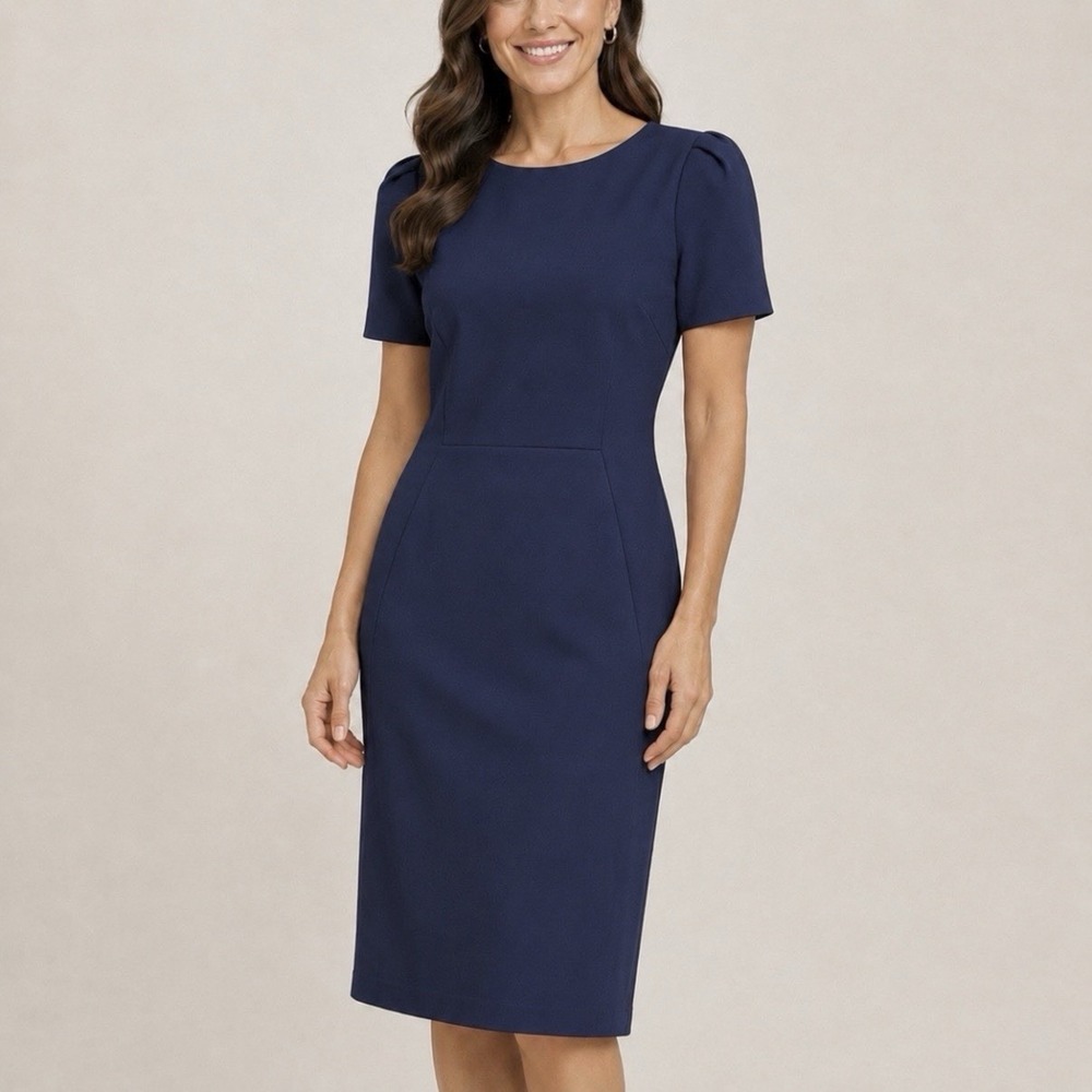 Calvin Klein Navy Blue Stretch Crepe Puff Sleeve Sheath Dress Size 12